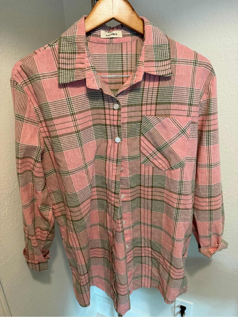 ADORA Pink and Green Plaid Casual Button-Down Shirt